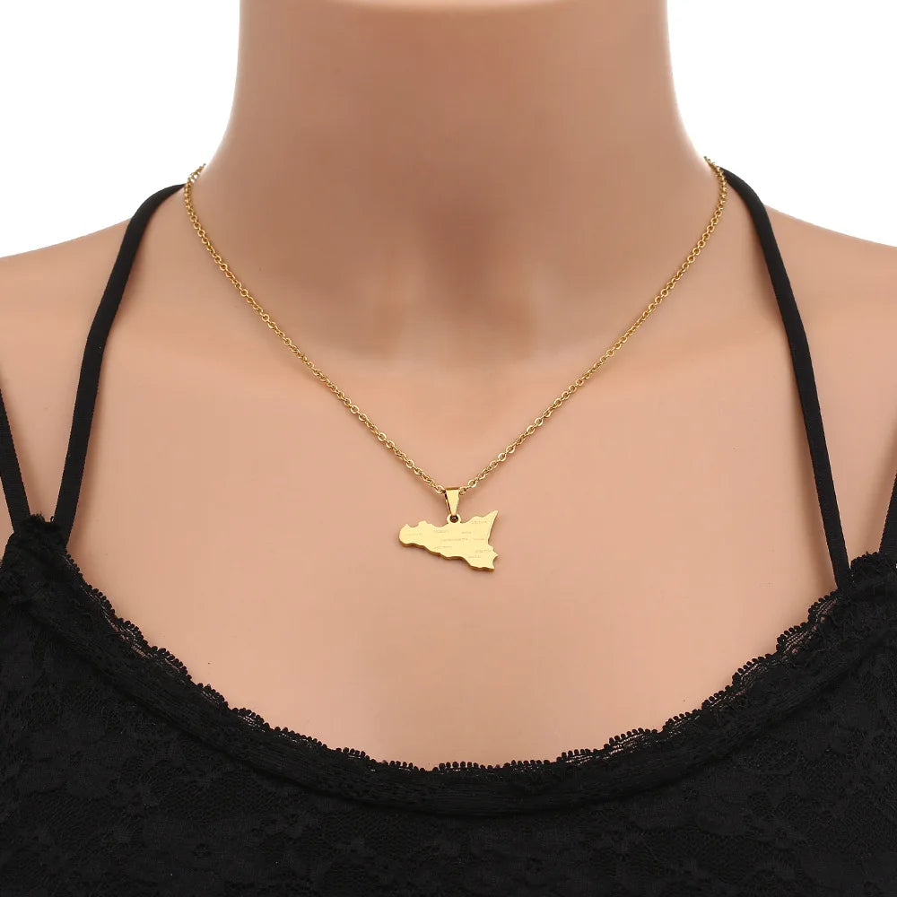 2024 new fashion stainless steel Sicily map and city pendant necklace temperament all collars chain birthday anniversary small g