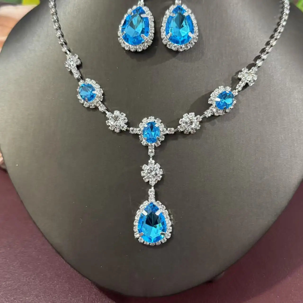 3-piece elegant light blue rhinestone necklace earring jewelry set suitable for women's wedding commemorative banquet jewelry