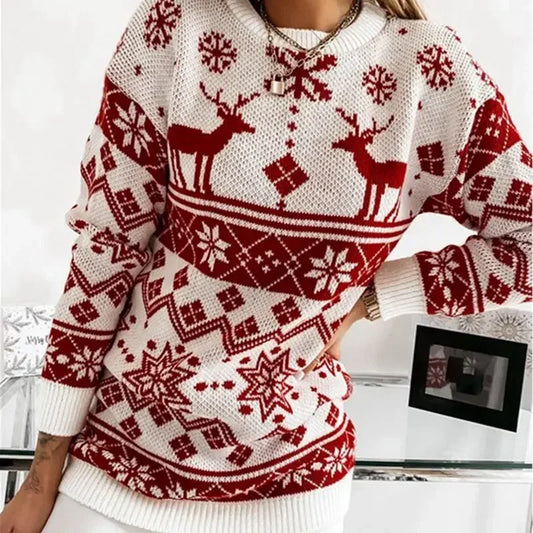 2025 Winter Women's Christmas Sweater Elk Print Knitted Jumpers Full Sleeve O Neck Casual Loose Knitwear Pullover Tops Xmas Look
