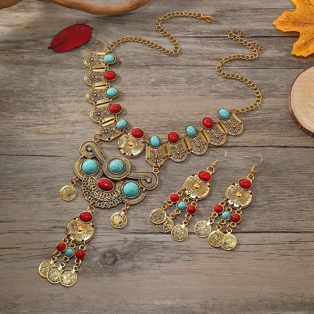 Western Jewelry Set Ethnic Vintage Imitation Turquoise Metal Coin Tassel Necklace And Earrings For Women Party Accessories