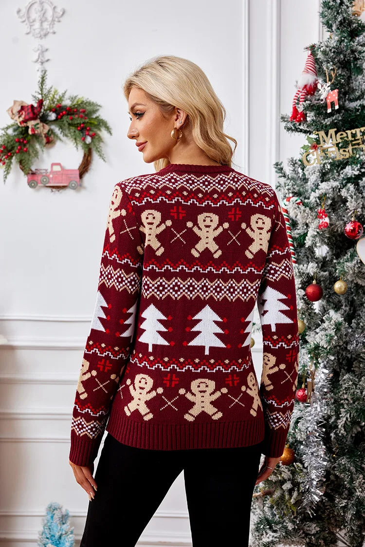 2025New Gingerbread Man Jacquard Long Sleeve Sweater Pullover Casual Top Christmas Sweater