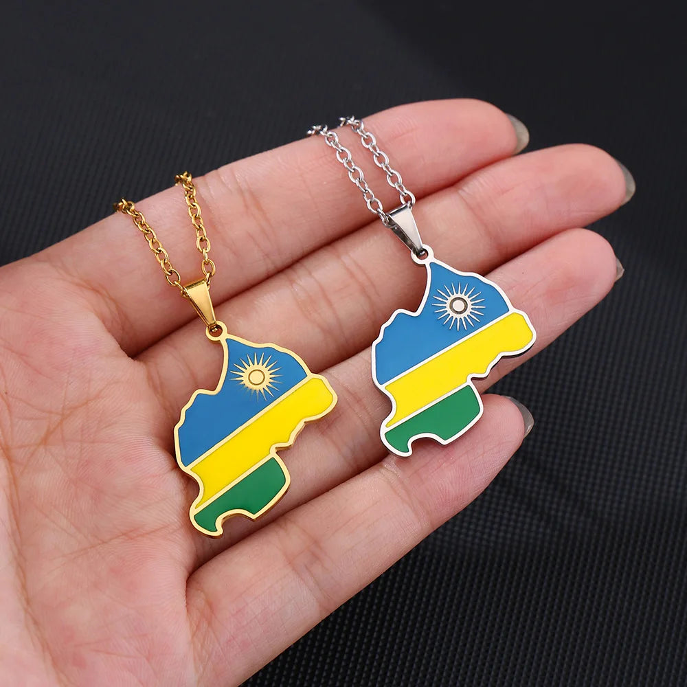 2024 New fashion stainless steel Rwanda map and flag necklace men's and women's geometric ethnic style collarbone chain Memorial