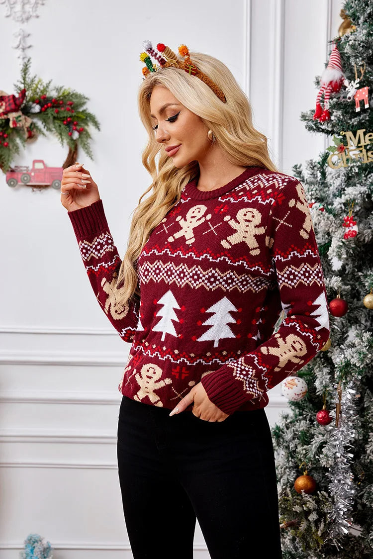 2025New Gingerbread Man Jacquard Long Sleeve Sweater Pullover Casual Top Christmas Sweater