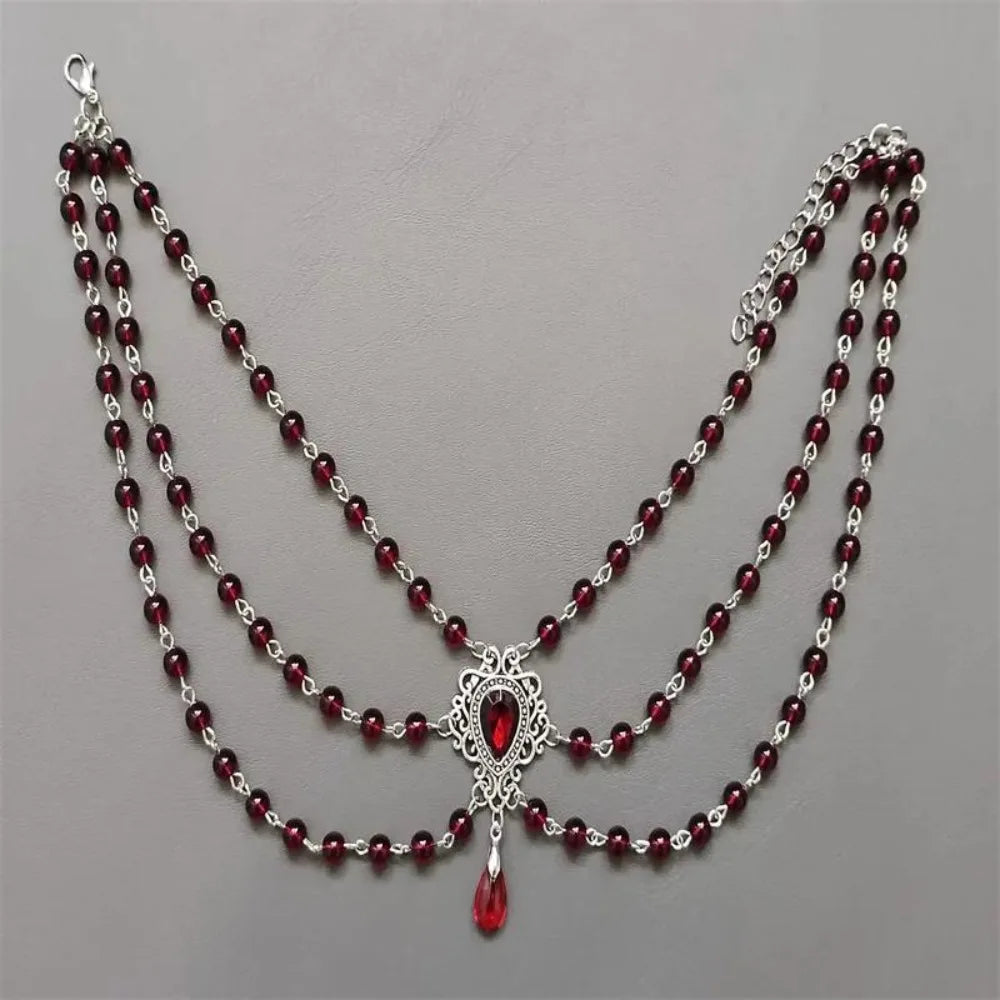 Victorian Gothic Rose Witch Multi-layer Bead Chain Red Glass Crystal Water Drop Pendant Necklace for Women Charm Jewelry Gifts