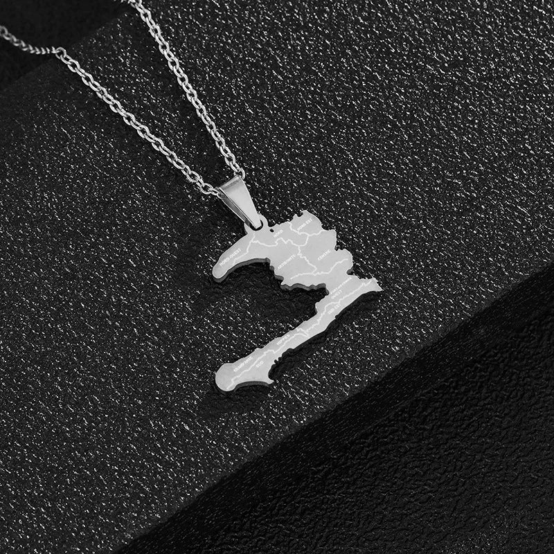2024 New fashion stainless steel Haiti map pendant necklace temperament all-match titanium steel couple necklace gift for men an