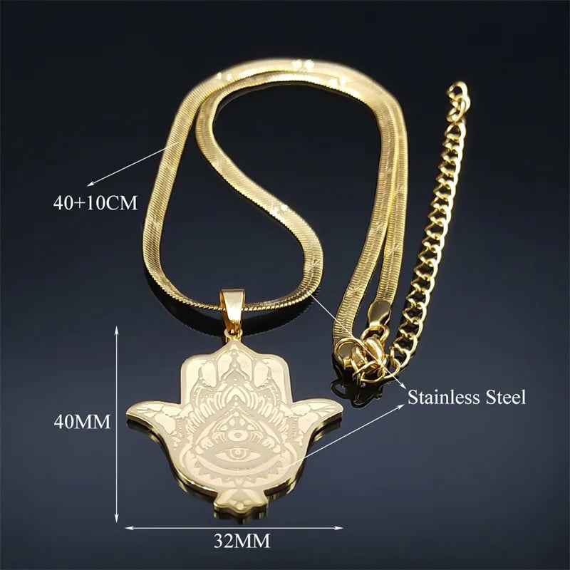 Hamsa Hand Stainless Steel Necklace Gold Color Amulet Hand of Fatima Necklaces Islamic Religious Arabic Jewelry mano de fatima