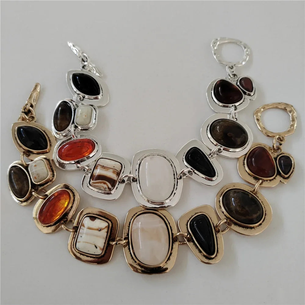 2025 New Indian Vintage Statement Resin Bracelets Women Boho Ethnic Gold Silver Plated Metal Links Charm Bracelets Jewelry