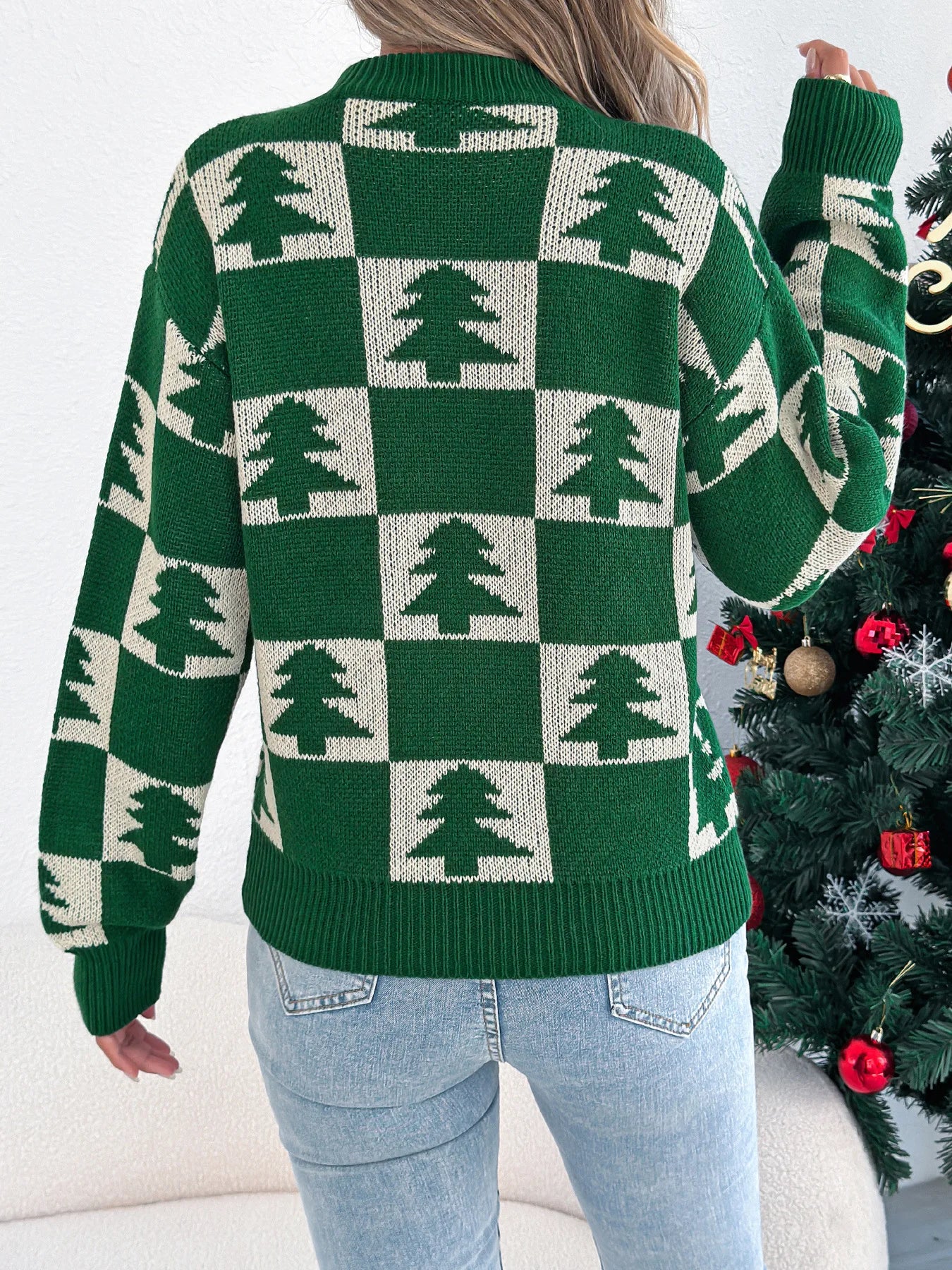 VigoCasey 2025 Autumn Winter Lady Christmas Knitted Sweater Women O Neck Plaid Print Pullover Lantern Long Sleeve Loose Jumper