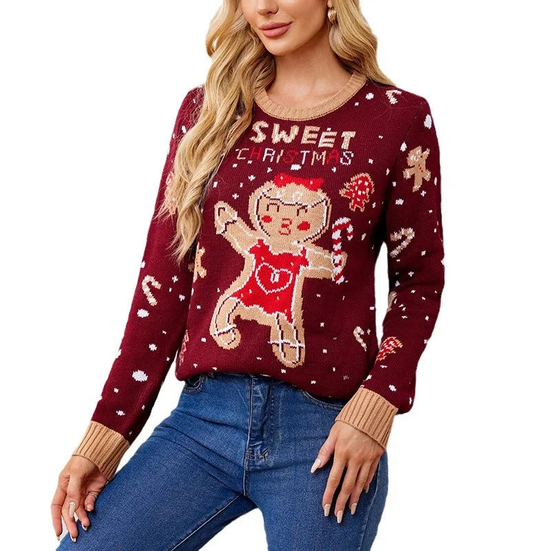 2025Casual Christmas Sweater Women Autumn Winter Gingerbread Man Pattern Long Sleeve Pullover Sweater