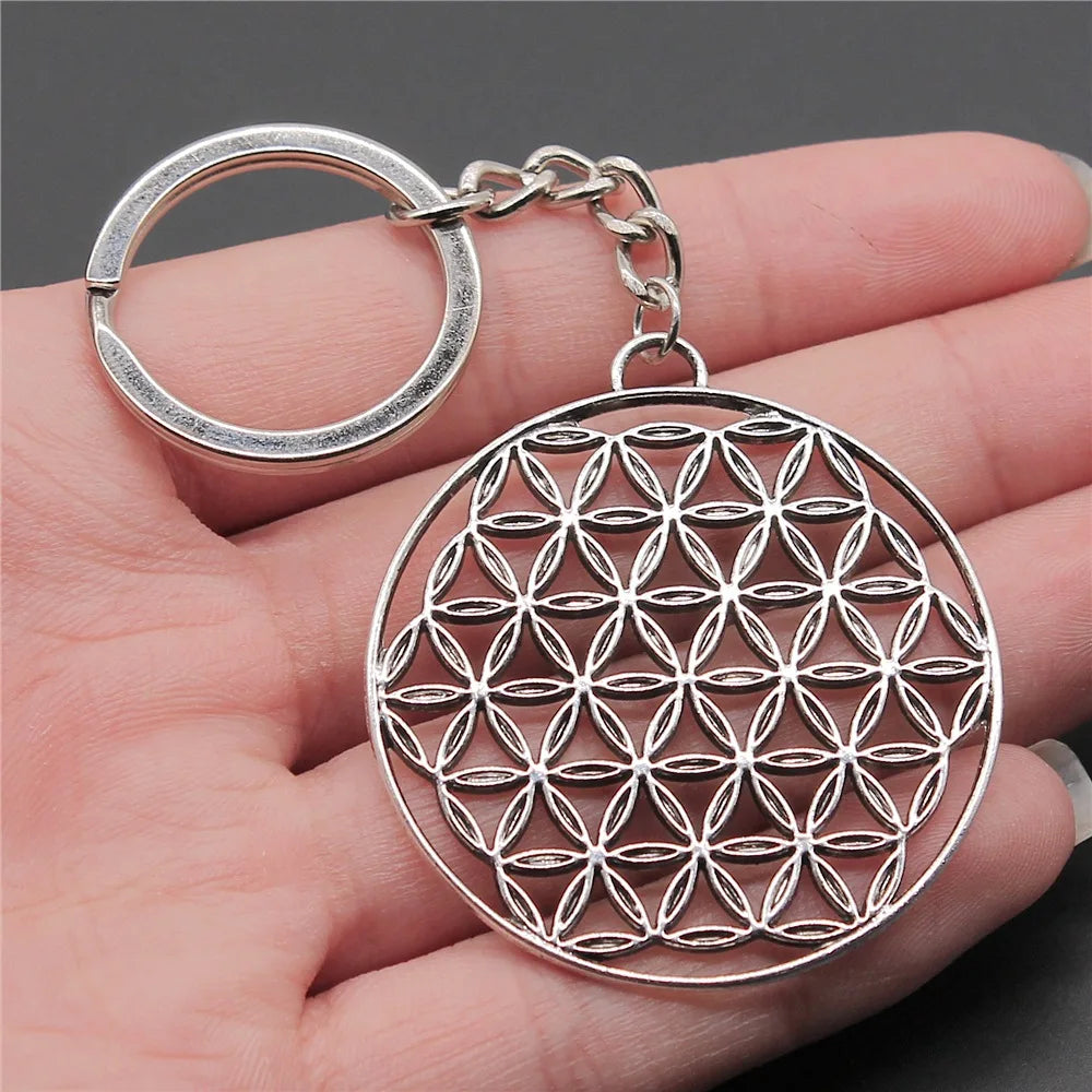 Woemn Men Keychain Dropshipping Antique Silver Color 48x44mm The Flower Of Life The Seed Of Life Pendant Keyring Gift