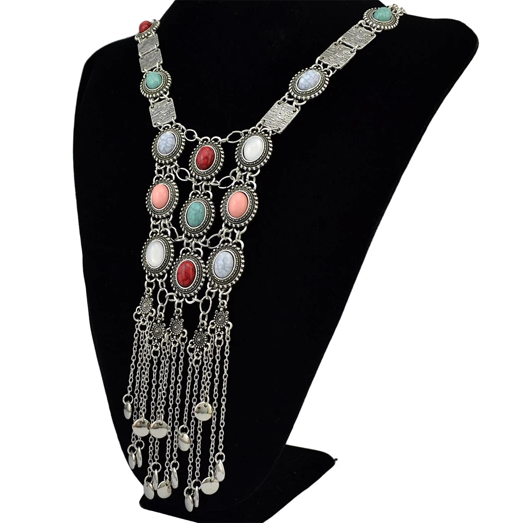 Vintage Silver Plated Gold Plated Chain Bead Stone Long Tassel Pendant Women's Necklace Suitable for Women's Party Jewelry Gifts