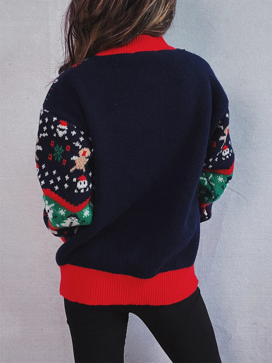 Sueter Mujer 2024 Korean Casual Christmas Sweater Women O Neck Spliced Jacquard Long Sleeves Knitwear Warm Pullover X686