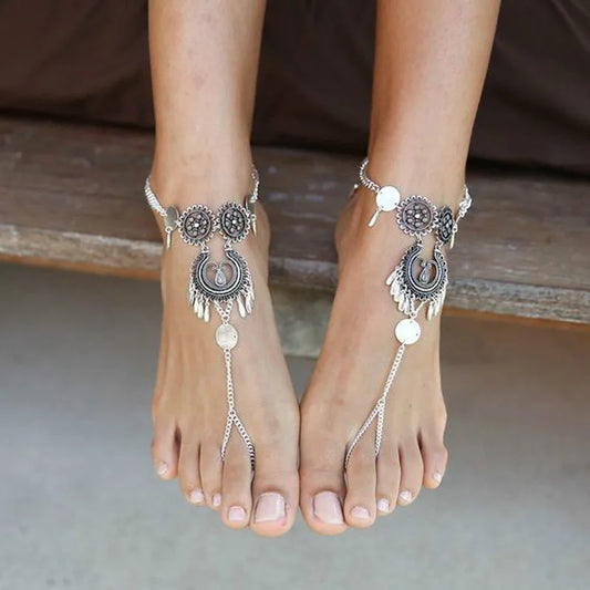 1 Pcs Summer Beach Accessories Woman Foot Jewelry Bohemian Vintage Hollow Carved Toe Ankle Chain For Women