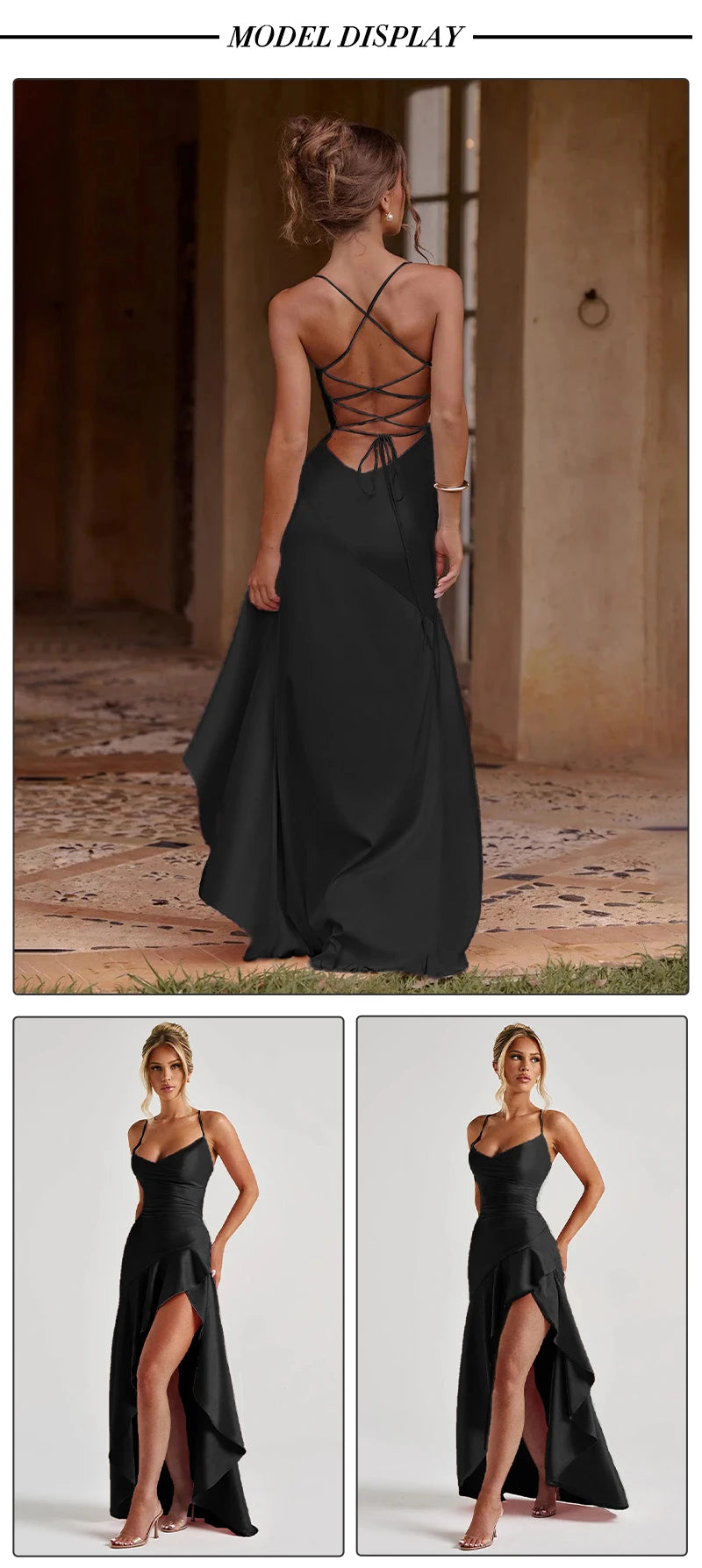 VC Elegant Black Satin Maxi Dress with Crisscross Spaghetti Straps and High Slit Ruffled Hem for High - Profile Occasions