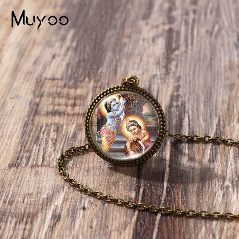 2023 New Arrival Fashion Painting India Shiva Ganesha Hindu God Glass Dome Antique Pendant Handmade Jewelry Vintage Necklaces