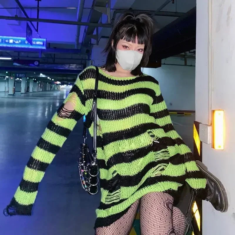 2024 Purple Striped Gothic Sweaters Women Ripped Holes Loose Knitted Pullover Frayed Fairy Grunge Jumpers Emo Streetwear Lolita