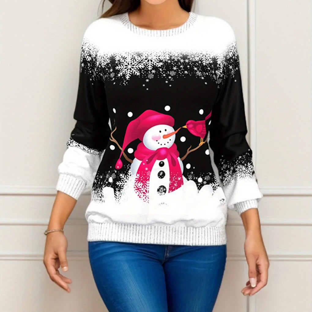 2024 Christmas Series Women’s Autumn and Winter Casual Fashion Printed Long Sleeve Round Neck Pullover Large Size Sweatshirt