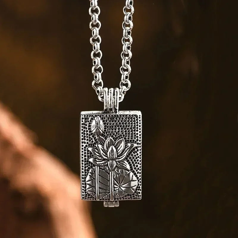 Vintage Square Pendant 925 Silver Fresh Lotus Flower Necklace Openable Can Open Creative Neutral Style Keel Chain Jewelry Gift