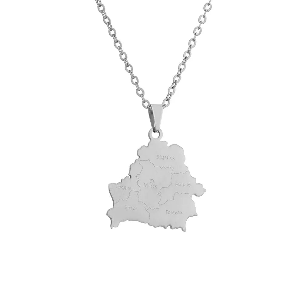 2024 New fashion stainless steel Belarusian map with city necklace for women and men couples ethnic style accessory collarbone c