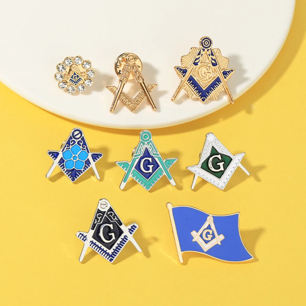 8 Styles Classic Masonic Symbols Enamel Brooches Funny Freemason Emblem Golden Pins