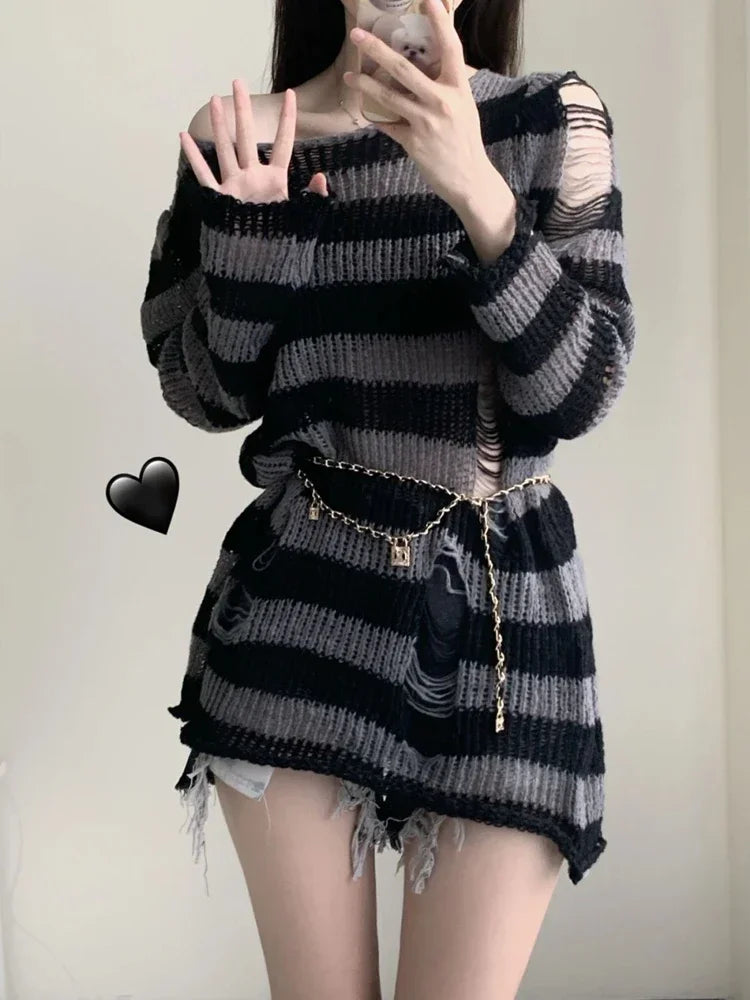 2024 Purple Striped Gothic Sweaters Women Ripped Holes Loose Knitted Pullover Frayed Fairy Grunge Jumpers Emo Streetwear Lolita