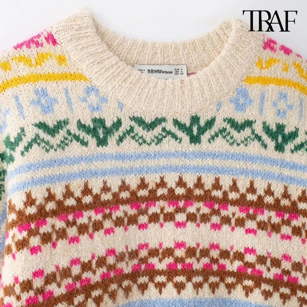 TRAF Women's Fashion 2024 Autumn and Winter Casual Loose Long Sleeve Round Neck Color-Collision Jacquard Knit Christmas Sweater