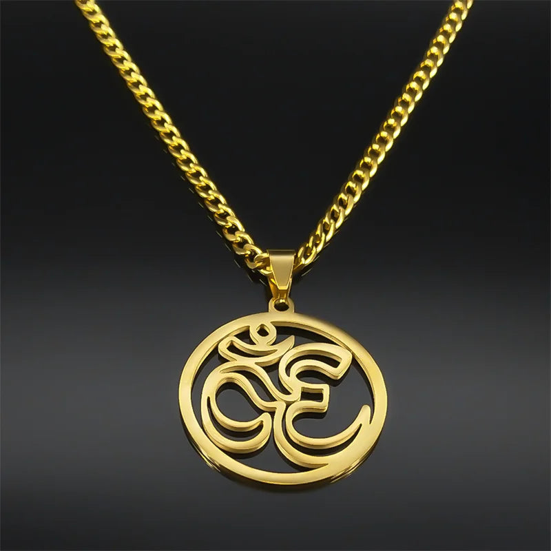 Yoga Lotus Om Symbol Pendant Necklace for Women Men Stainless Steel Gold Color Male Chain Buddhist Jewelry collar 8415-QKC