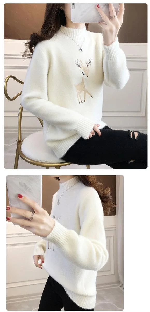 2023 Christmas Sweater Women Faux Mink Cashmere Half High Collar Pullover Fleece Winter Clothes Embroidery Deer Warm Jumper