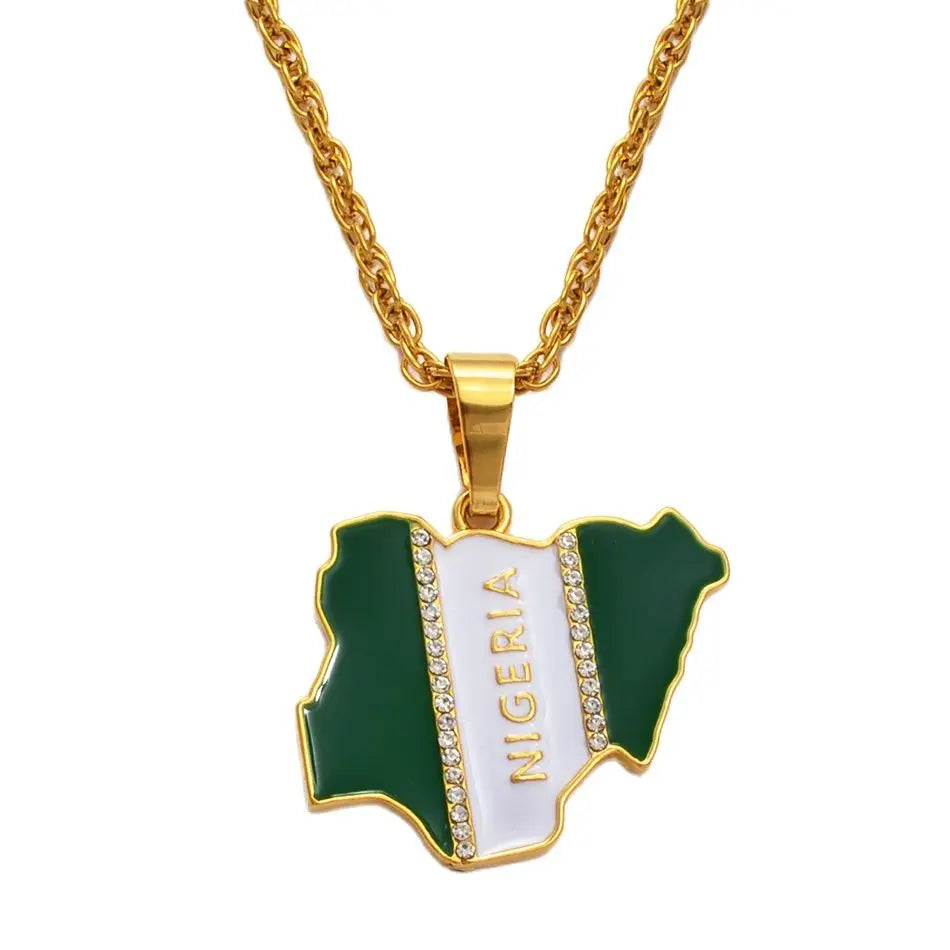 Anniyo Nigeria Map Flag Rhinestone Pendant Necklaces for Women Men Gold Color Nigerian Jewelry Patriotic  #068806