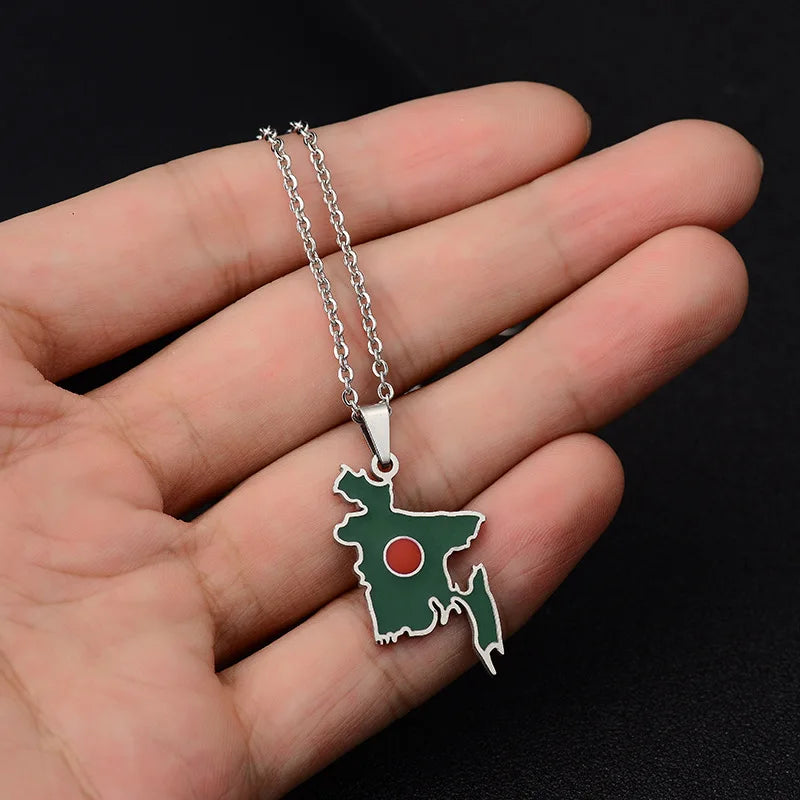 2024 new fashion stainless steel vintage dripping oil Bangladesh map pendant necklace temperament everything collarbone chain bi