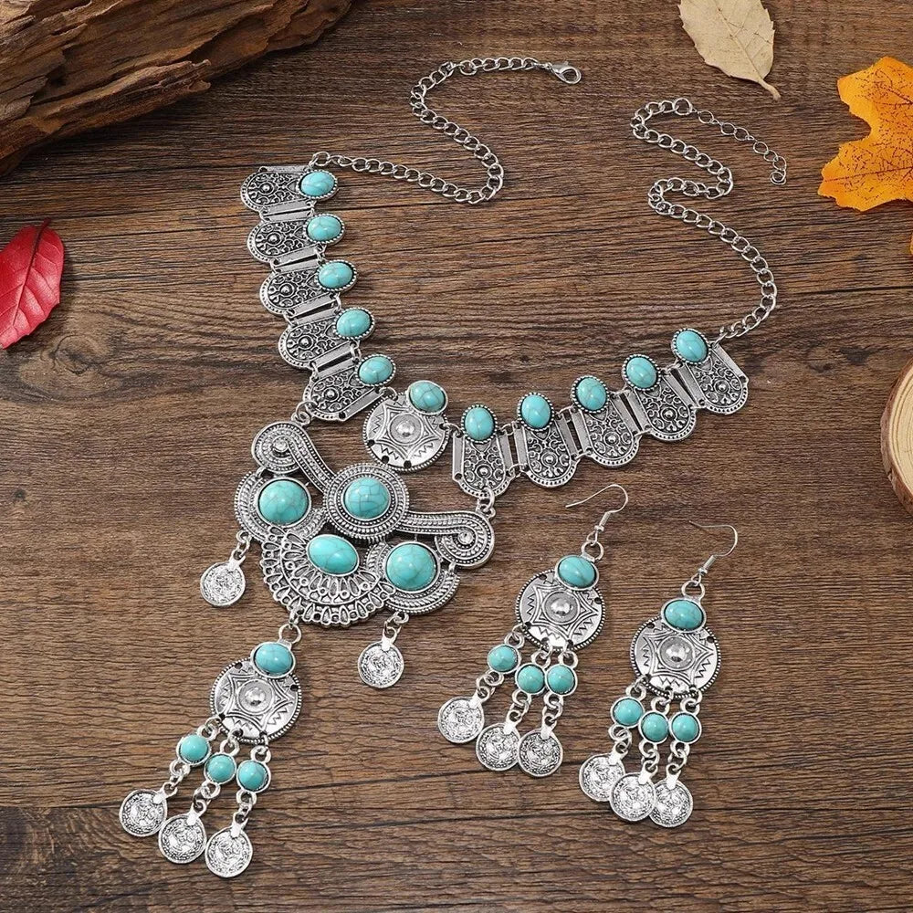 Western Jewelry Set Ethnic Vintage Imitation Turquoise Metal Coin Tassel Necklace And Earrings For Women Party Accessories