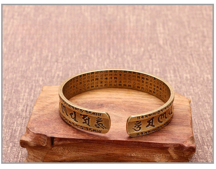 Vintage Buddhist Heart Sutra Cuff Bracelets Men's Six Character True Word Adjustable Bangles Religious Wish Talisman Jewelry