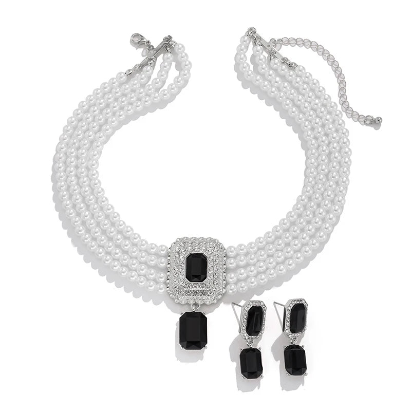 1Set Luxury Multilayer Imitation Pearl Necklace Earrings For Women Girls Temperament Jewelry Bridal Rhinestone Wedding Jewelry