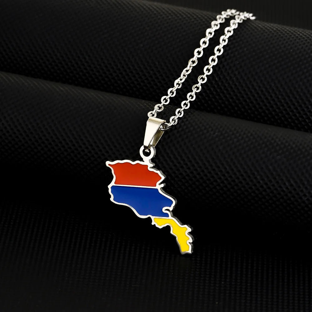 2024 New fashion stainless steel Armenian map flag necklace women's all-matching metal sweater chain niche accessories