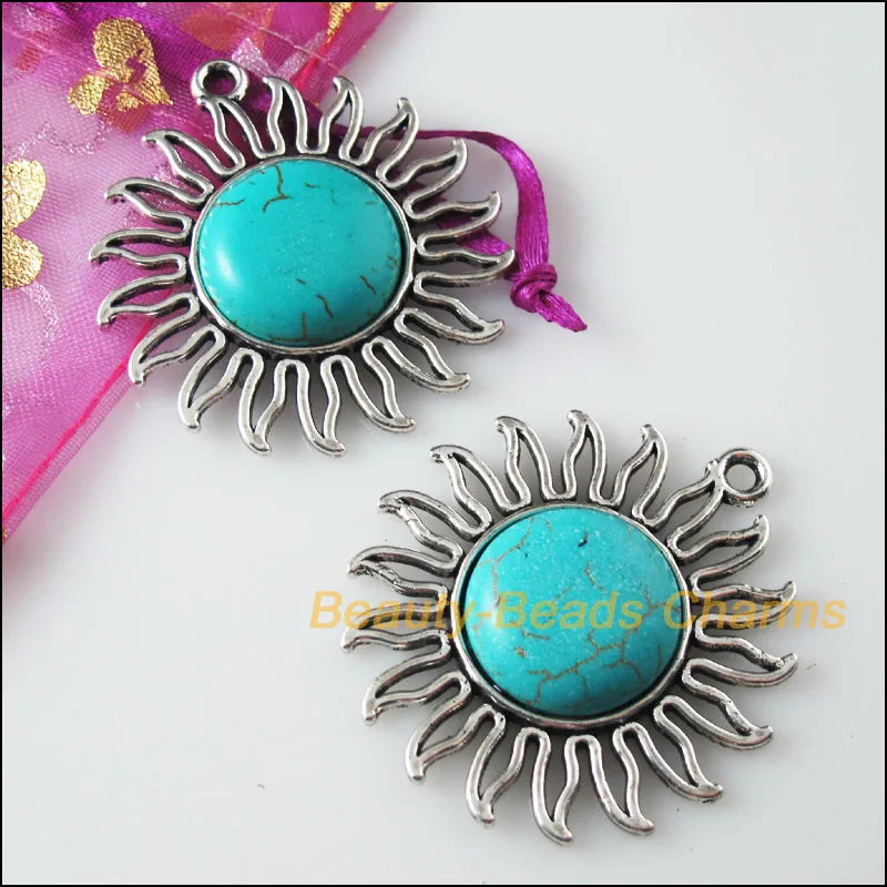 2Pc Retro Tibetan Silver Sun Flower Charms Pendants 42.5x46mm