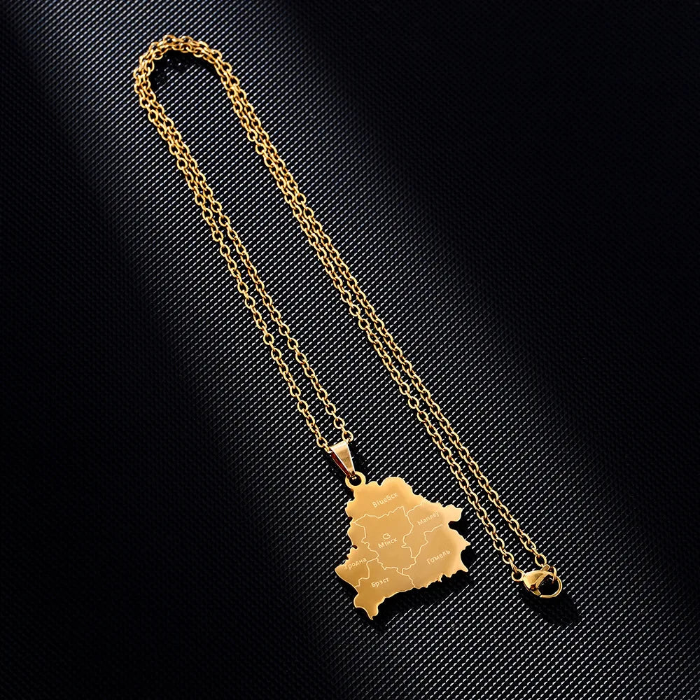 2024 New fashion stainless steel Belarusian map with city necklace for women and men couples ethnic style accessory collarbone c