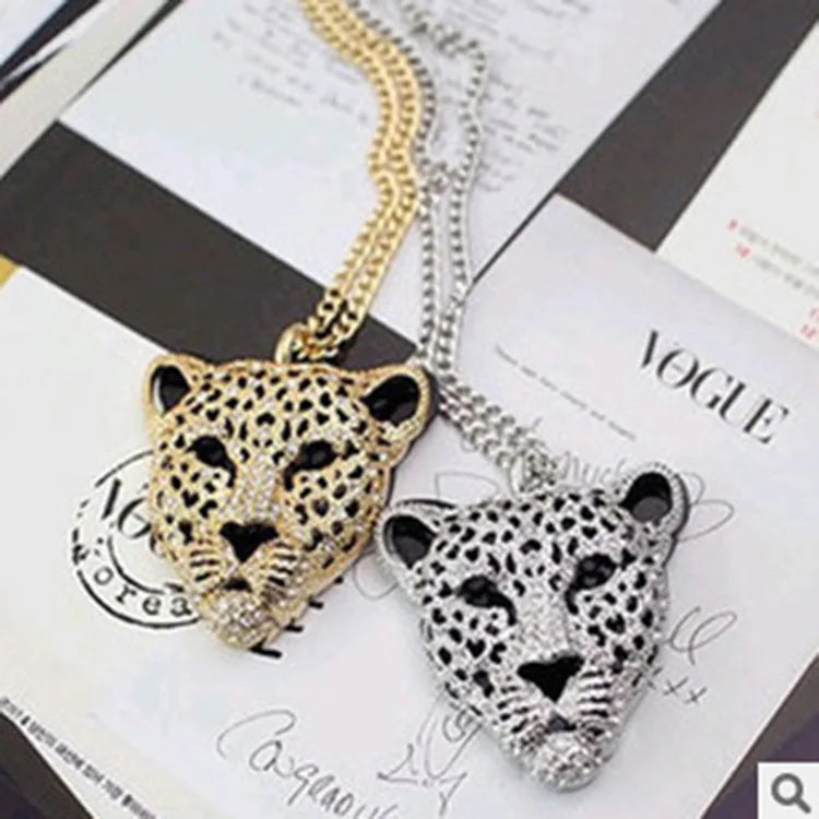 Super Large Alloy Leopard Head Pendant Necklace for Women Hollow Rhinestone Gothic Men's Collar Cuban Chain Halloween Jewelry