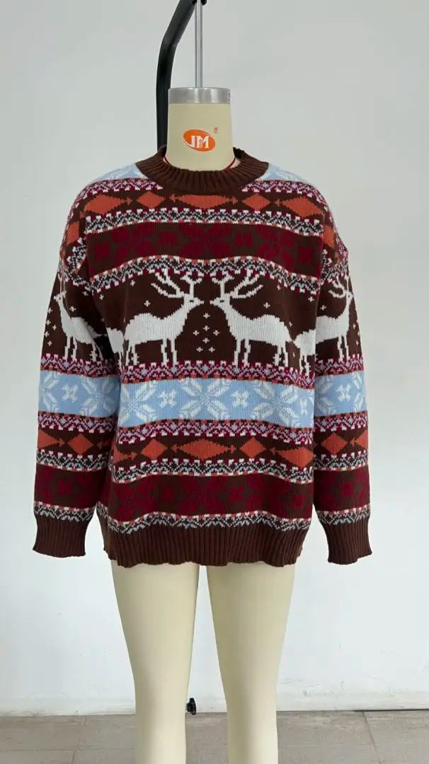 Y2k Style 2025 Winter Women Christmas Sweaters Allover Print Oversized Jumpers Full Sleeve Knitwear Warm Thick Knit Pullover Top