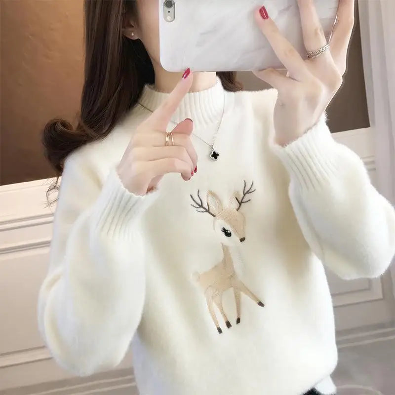 2023 Christmas Sweater Women Faux Mink Cashmere Half High Collar Pullover Fleece Winter Clothes Embroidery Deer Warm Jumper