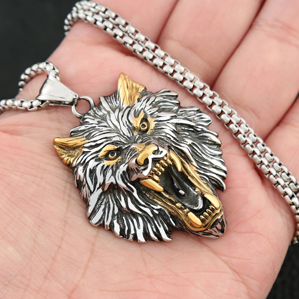 Vintage Nordic Mythology Odin Wolf Pendant Necklace For Men Stainless Steel Viking Fenrir Necklaces Amulet Jewelry Dropshipping
