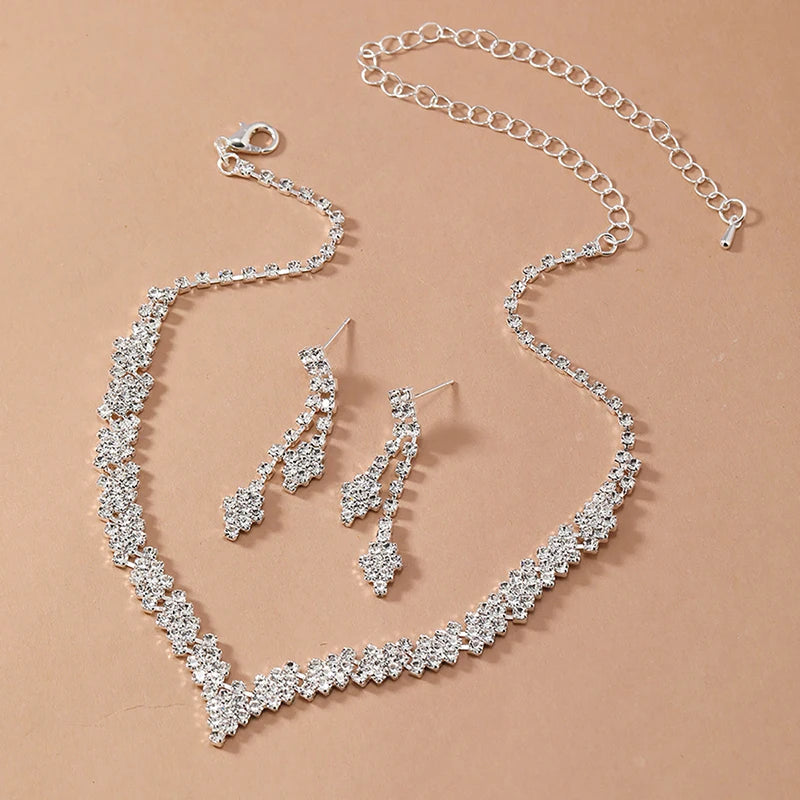 1Set Geometric Rhinestone Necklace Earrings Bracelet Kit Wedding Bride Jewelry Set Simple Tassel Sparkling Jewelry Set Gifts