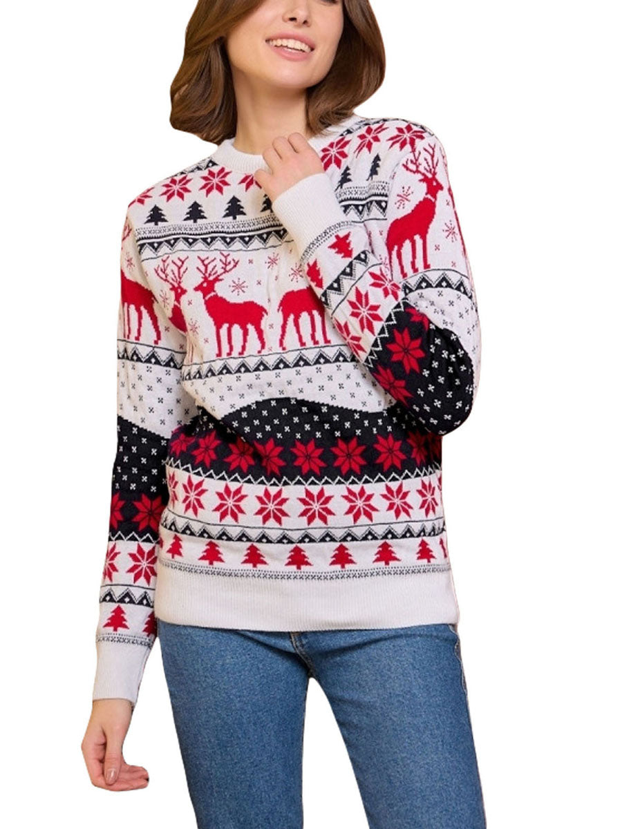 Unisex Christmas Sweater Winter Couple Women Man Long Sleeve Round Neck Reindeer Pattern Classic Fit Knitted Pullovers