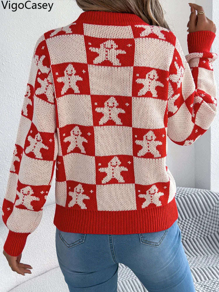 VigoCasey 2025 Autumn Winter Christmas Knitted Sweater Women Casual Plaid Print Pullover Lady Lantern Long Sleeve Loose Jumper