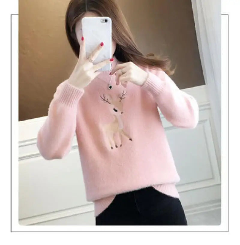 2023 Christmas Sweater Women Faux Mink Cashmere Half High Collar Pullover Fleece Winter Clothes Embroidery Deer Warm Jumper
