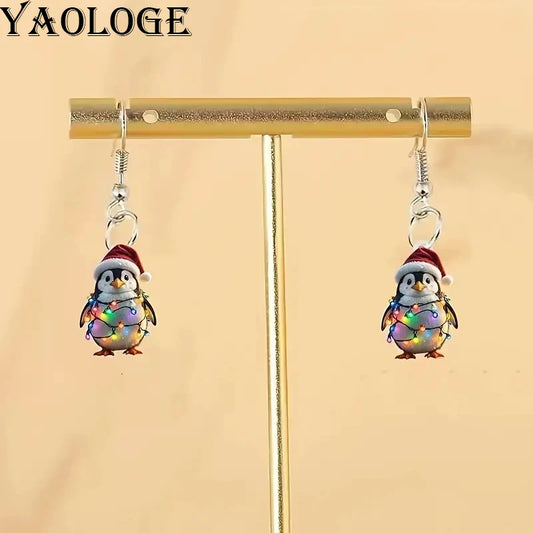 YAOLOGE Fun Leisure Santa's Hat Colorful Light Strip Penguin Earrings 2D Acrylic Design Women Winter Atmosphere Eardrop Gifts