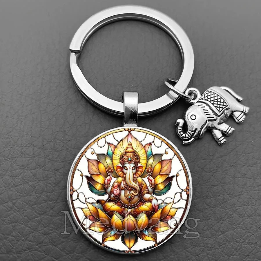 Sacred Elephant Ganesha Keychain Buddha keychain and key ring God Of Wealth Elephant glass key ring men and women bag decoration