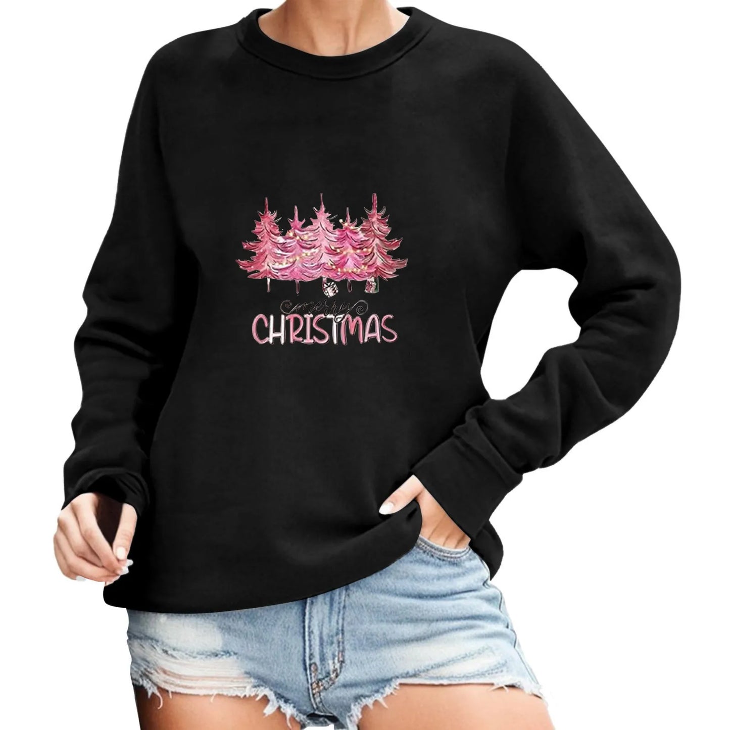 2024 Christmas Pullover Sweater Women's Winter Long Sleeve O-Neck Pullover Sweatshirts Funny Xmas Tree Print Graphic Sweater
