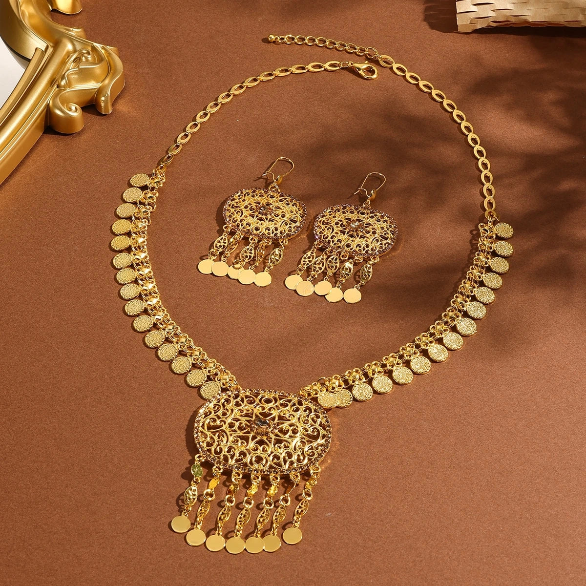 Afghan Fashion Golden Geometric Hollow Carving Rhinestone Coins Tassel Necklaces Earrings Women Kurdish Statement Jewelry Set