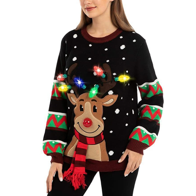 Women LED Light Up Holiday Sweater Christmas Cartoon Reindeer Knit Pullover Top