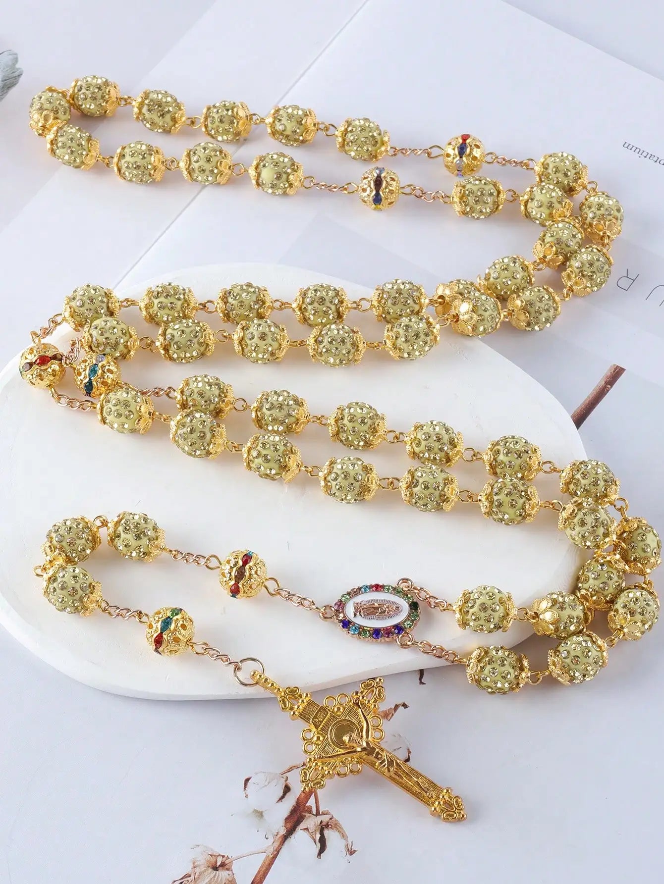 2025New Vintage Catholic 10mm 59 Crystal Rhinestone Beads Cross Necklace